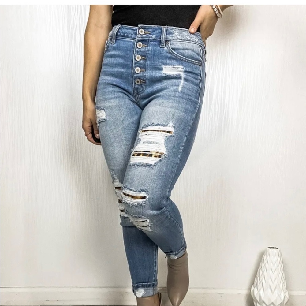 KANCAN Plus Size Jeans SZ 2XL 40” waist leopard patches distressed denim skinny
